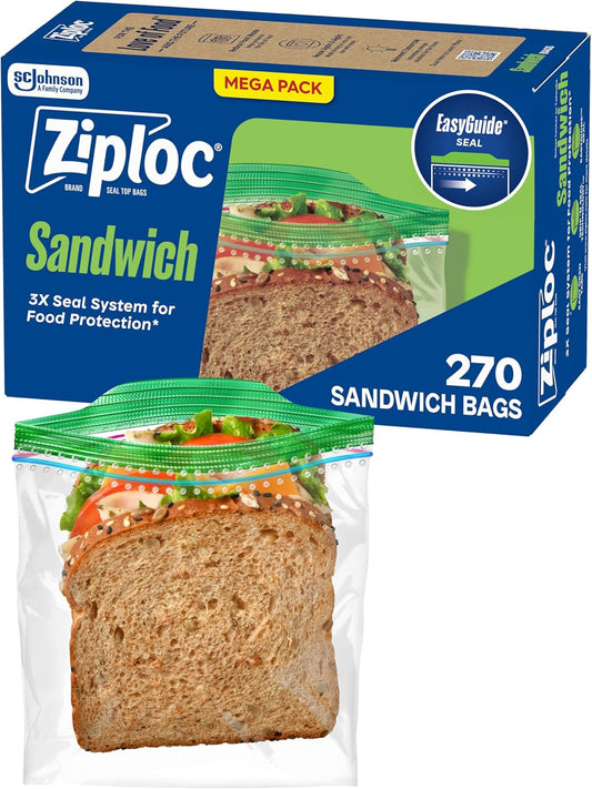 Ziploc Sandwich and Snack Bags with EasyGuide Texture, Plastic Storage Bags with Grip 'n Seal Technology, 105 Bags Total