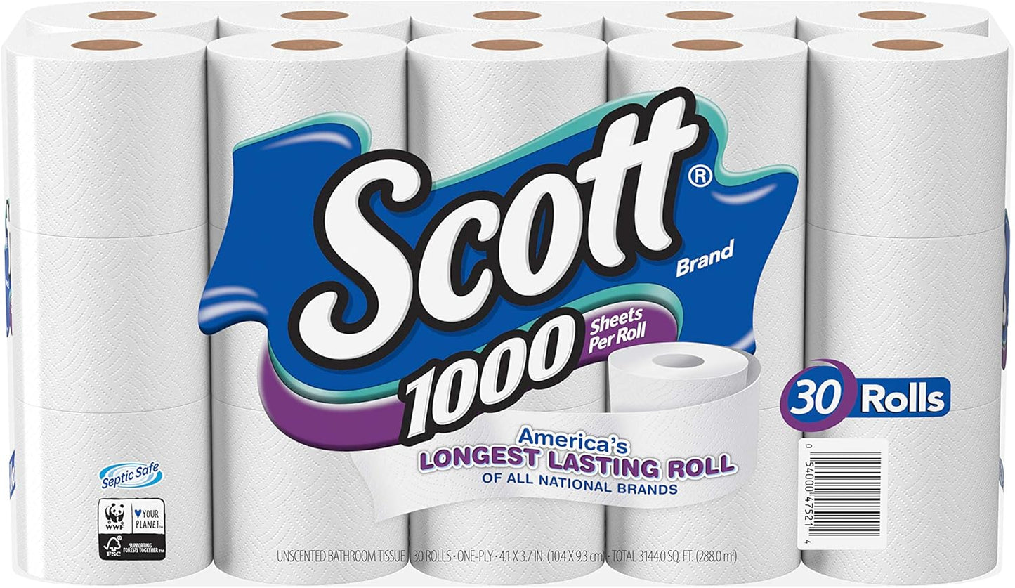 Scott 1000 Toilet Paper, 18 Rolls, Septic-Safe, 1-Ply Toilet Tissue