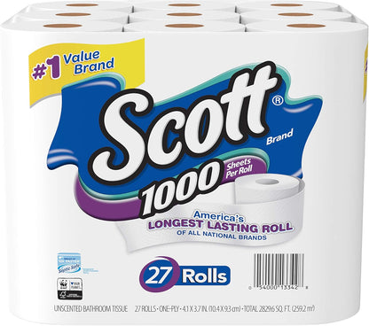 Scott 1000 Toilet Paper, 18 Rolls, Septic-Safe, 1-Ply Toilet Tissue