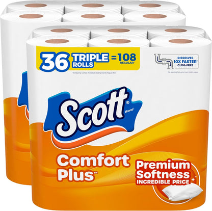 Scott ComfortPlus Toilet Paper, 12 Triple Rolls, 231 Sheets per Roll, Septic-Safe, 1-Ply Toilet Tissue