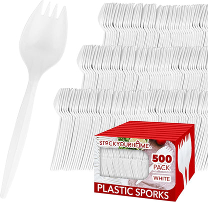 Stock Your Home 100 Disposable Sporks, White Plastic Sporks – Kid Safe 2 in 1 Utensils – Fork Spoon Perfect for School Lunch, Picnics, Catered Events, Restaurants and Kids Birthday Parties