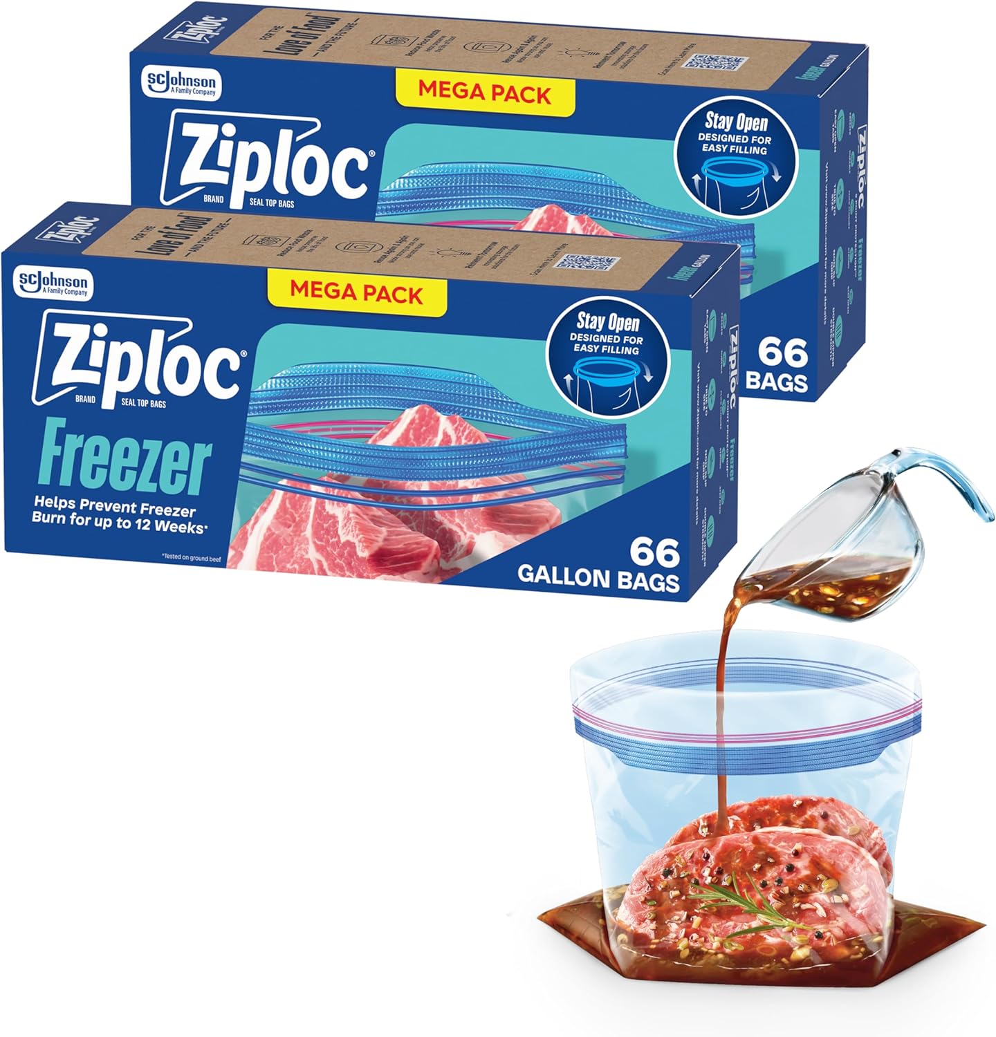 Ziploc Gallon Food Storage Freezer Bags, Stay Open Design, Easy to Fill, 66 Count