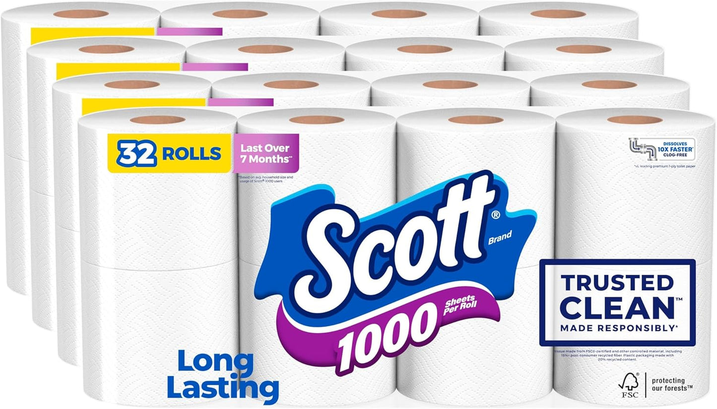 Scott 1000 Toilet Paper, 18 Rolls, Septic-Safe, 1-Ply Toilet Tissue