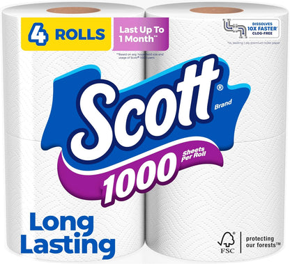 Scott 1000 Toilet Paper, 18 Rolls, Septic-Safe, 1-Ply Toilet Tissue