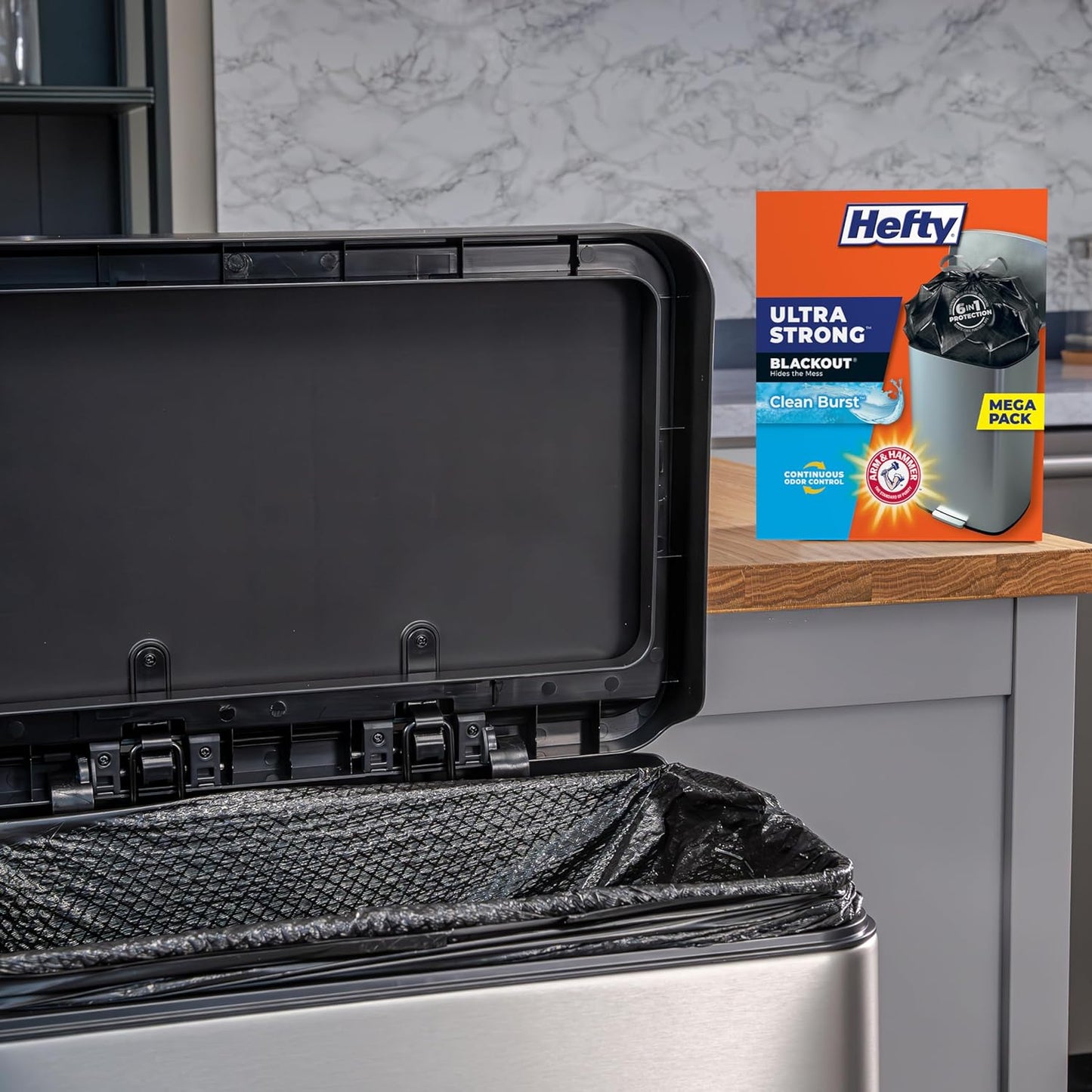 Hefty Ultra Strong Trash Bags, Black Tall Kitchen Trash Bags 13 Gallon Size, Break Resistant Drawstring Enclosure, Continuous Odor Control, Blackout, Clean Burst Scent, 80 Bags