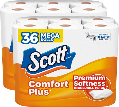 Scott ComfortPlus Toilet Paper, 12 Triple Rolls, 231 Sheets per Roll, Septic-Safe, 1-Ply Toilet Tissue