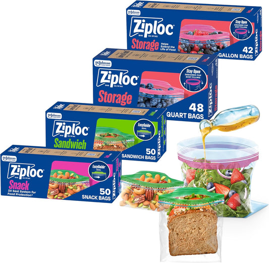 Ziploc Storage Bags Variety Pack, 190ct Total, 42ct Storage Gallon and 48ct Storage Quart, 50ct Sandwich and 50ct Snack