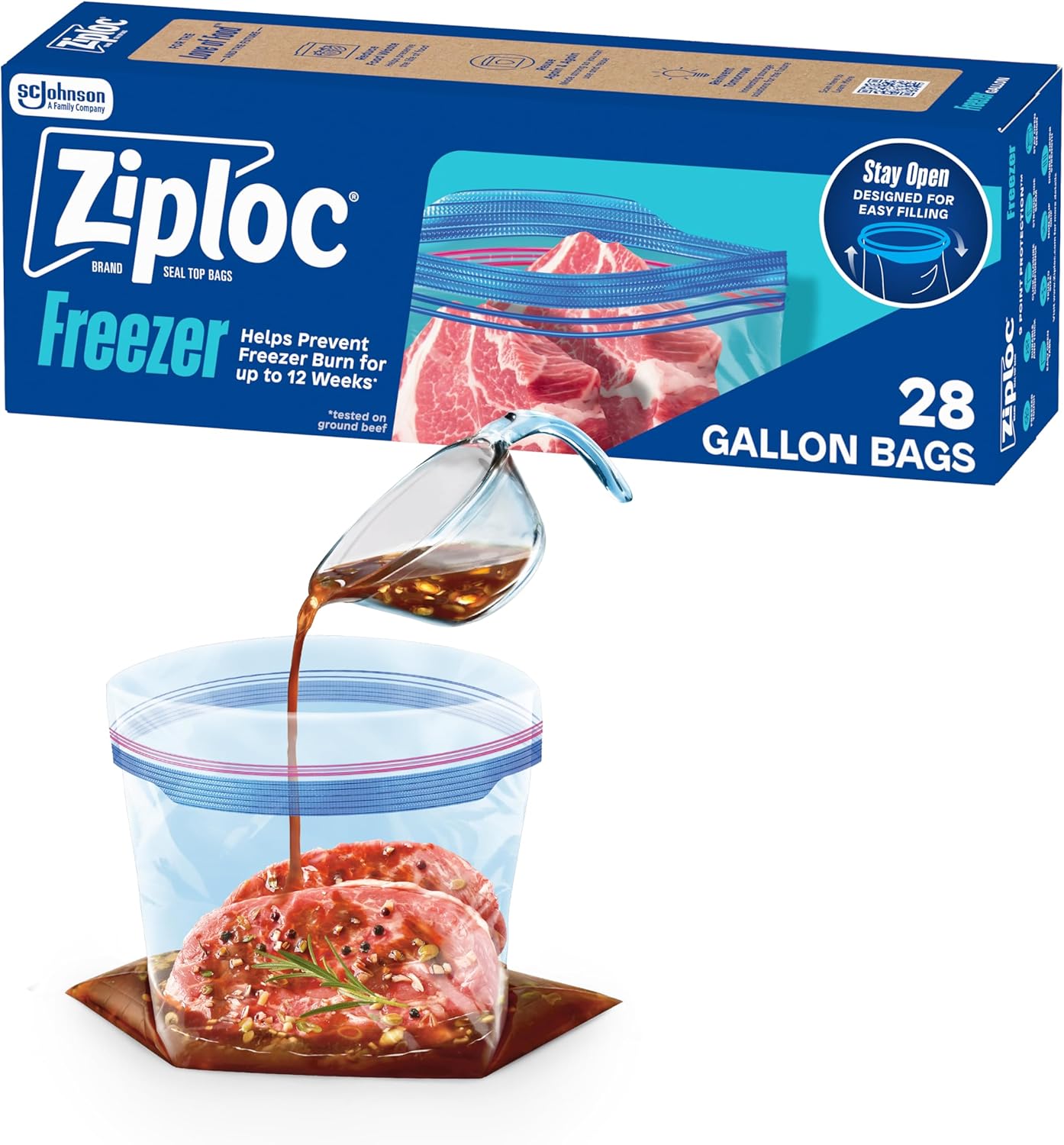 Ziploc Gallon Food Storage Freezer Bags, Stay Open Design, Easy to Fill, 66 Count