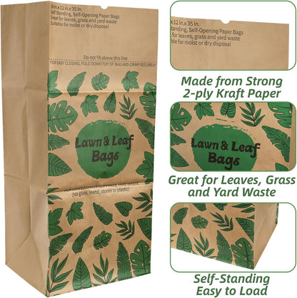 YOUEON 10 Pack 30 Gallon Leaf Bags Brown Paper, 2-Ply Heavy Duty Lawn and Refuse Bags, Yard Waste Bags for Home, Garden, Yard, Self Standing and Tear Resistant