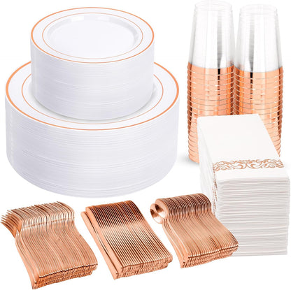 WELLIFE 350-Piece Gold Disposable Plates and Cutlery Set - Premium 10.25" Dinner Plates, 7.5" Dessert Plates, 9oz Cups & Cutlery for Weddings, Catering Events - 50 Guest Service - Elegant & Sturdy