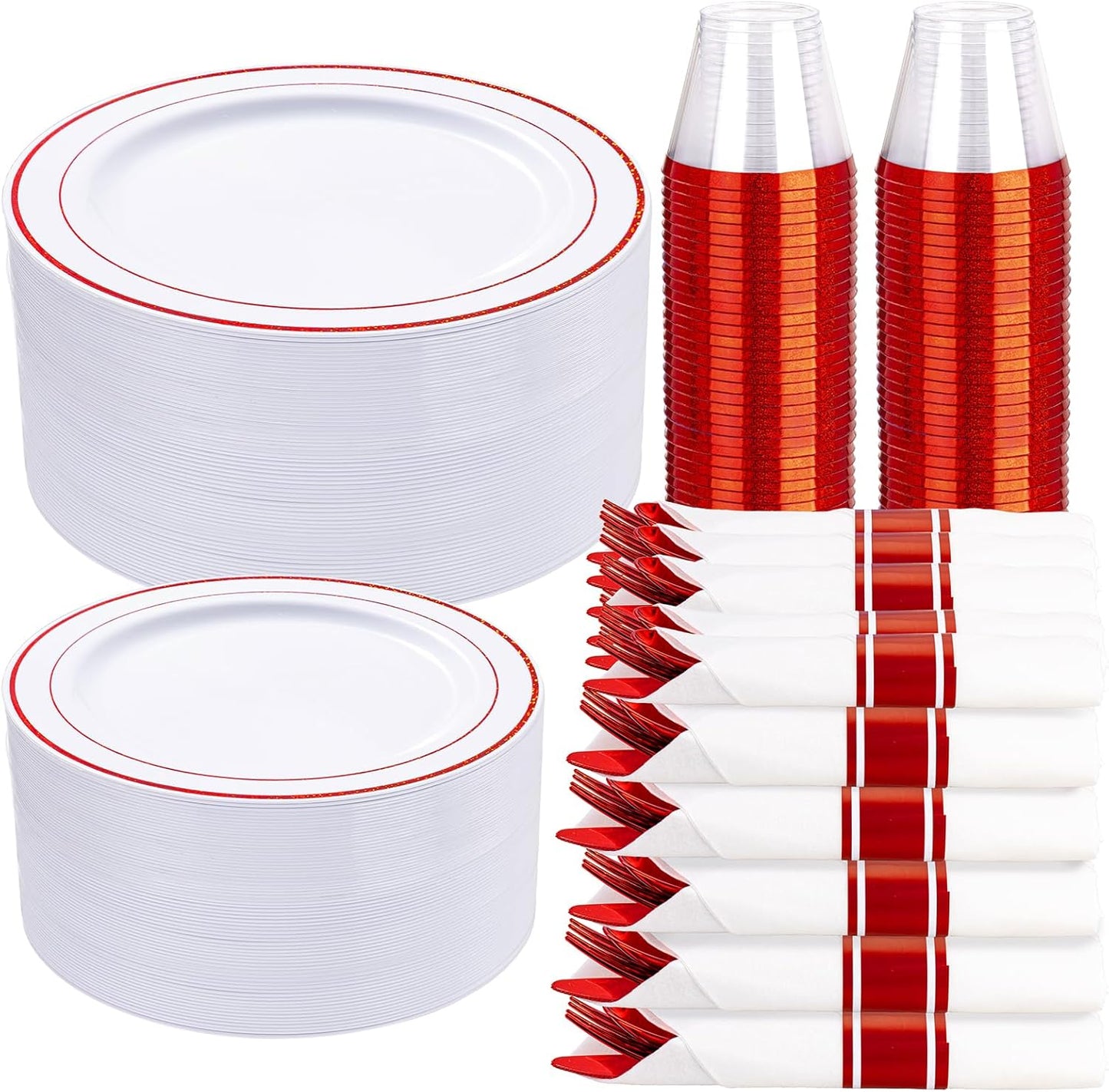 WELLIFE 350-Piece Gold Disposable Plates and Cutlery Set - Premium 10.25" Dinner Plates, 7.5" Dessert Plates, 9oz Cups & Cutlery for Weddings, Catering Events - 50 Guest Service - Elegant & Sturdy
