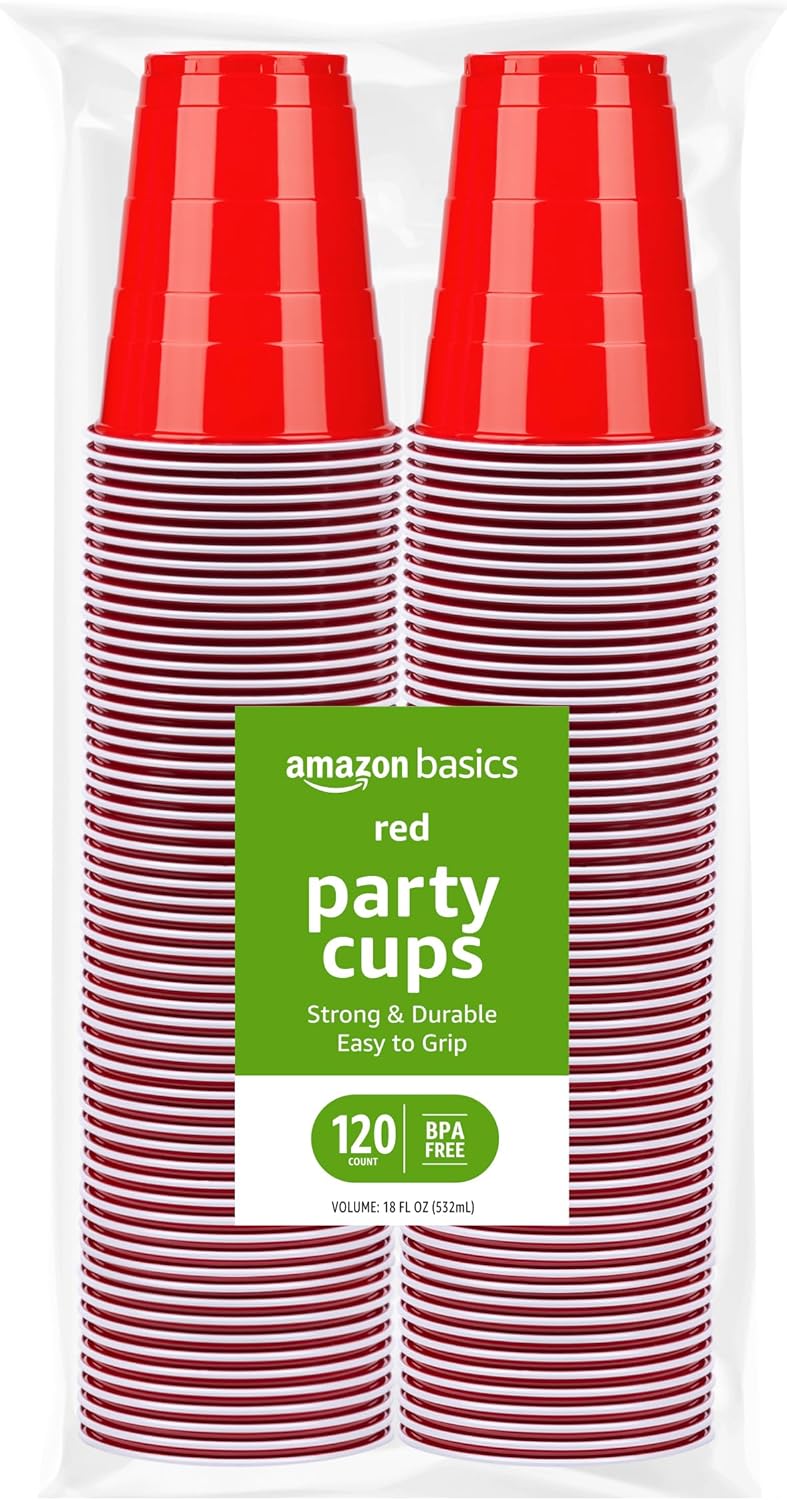 Amazon Basics Disposable Red Plastic Party Cups, BPA-Free, 18oz, for Birthdays, BBQs and Events, 120 Count