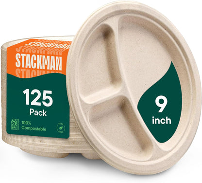 100% Compostable Paper Plates, Heavy Duty Disposable Plates [125-Pack] 9 Inch Plates - Eco-Friendly, Biodegradable Sugarcane Bagasse, Natural Unbleached Brown 9" Dinner Paper Plate Disposable