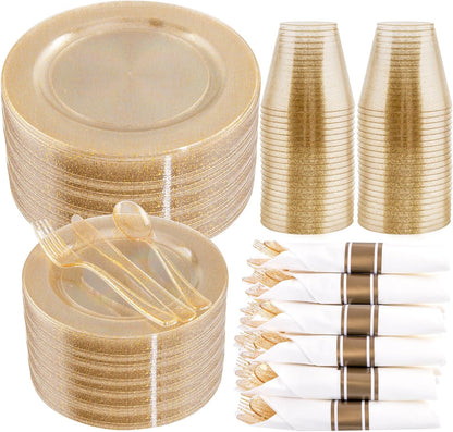 WELLIFE 350-Piece Gold Disposable Plates and Cutlery Set - Premium 10.25" Dinner Plates, 7.5" Dessert Plates, 9oz Cups & Cutlery for Weddings, Catering Events - 50 Guest Service - Elegant & Sturdy