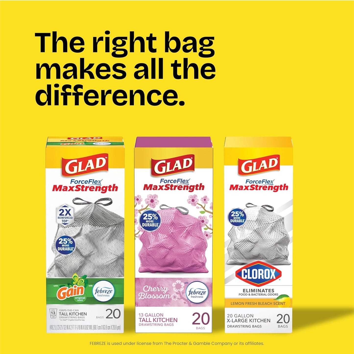 Glad ForceFlex MaxStrength XL Kitchen Trash Bags, 20 Gal, Fresh Clean, 80 Ct (Package May Vary)