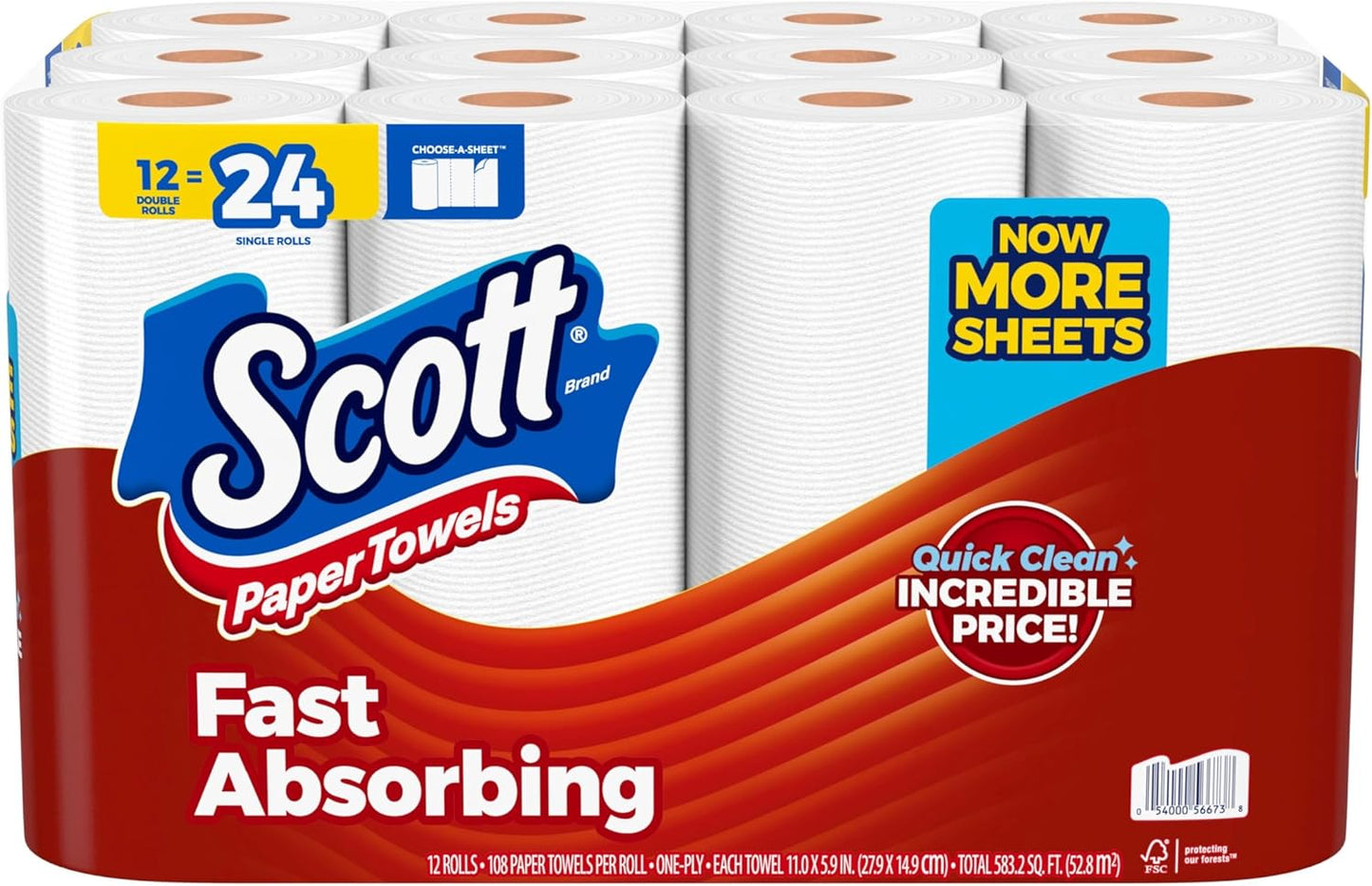 Scott Paper Towels, Choose-A-Sheet, 30 Double Rolls = 60 Regular Rolls (108 Sheets Per Roll)