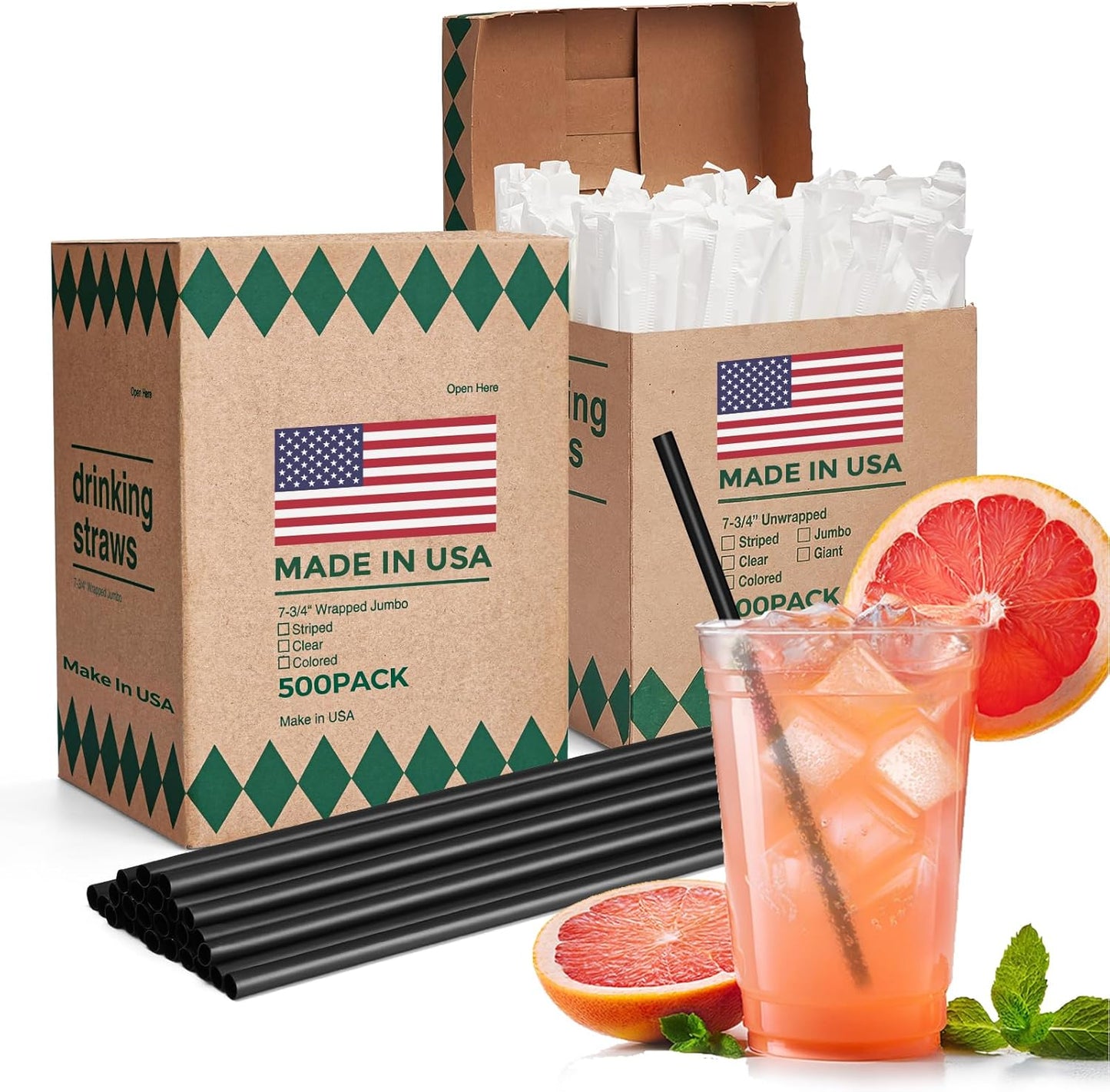 Glotoch Express 500PCS Individually Wrapped Clear Plastic Straws, 7.75'' Long, 0.24'' Diameter Disposable Drinking Straws for Every Occasion, Party, Made in USA
