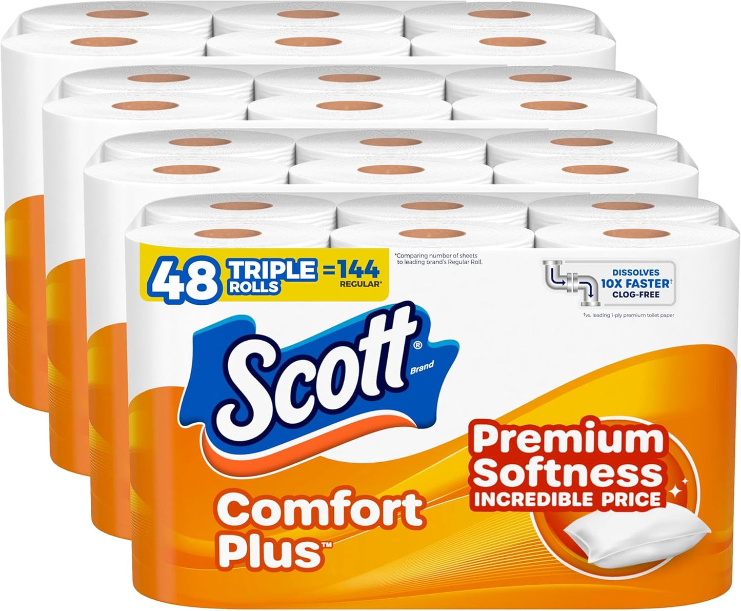 Scott ComfortPlus Toilet Paper, 12 Triple Rolls, 231 Sheets per Roll, Septic-Safe, 1-Ply Toilet Tissue