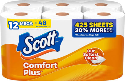 Scott ComfortPlus Toilet Paper, 12 Triple Rolls, 231 Sheets per Roll, Septic-Safe, 1-Ply Toilet Tissue