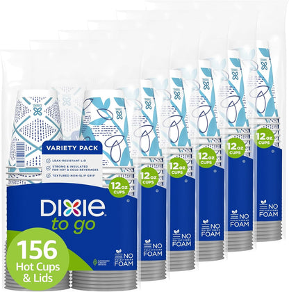 Dixie To Go Paper Coffee Cups With Lids, 12 oz, 156 ct, Disposable Insulated Paper Cups for On-The-Go Hot or Cold Beverages