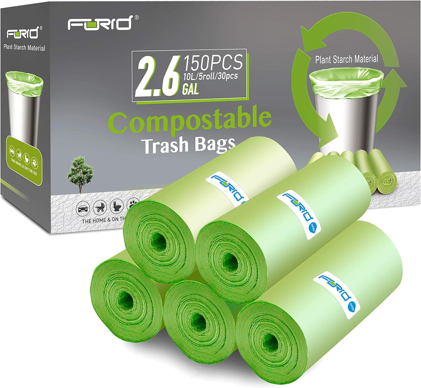 Compostable Trash Bags - FORID 8 Gallon Garbage Bags 150 Count Trash Can Liners 30 Liter Unscented Medium Wastebasket Bags for Kitchen Bathroom Home Office Garbage Can (5Rolls/Green) - Durable & Thick