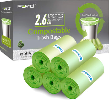 Compostable Trash Bags - FORID 8 Gallon Garbage Bags 150 Count Trash Can Liners 30 Liter Unscented Medium Wastebasket Bags for Kitchen Bathroom Home Office Garbage Can (5Rolls/Green) - Durable & Thick