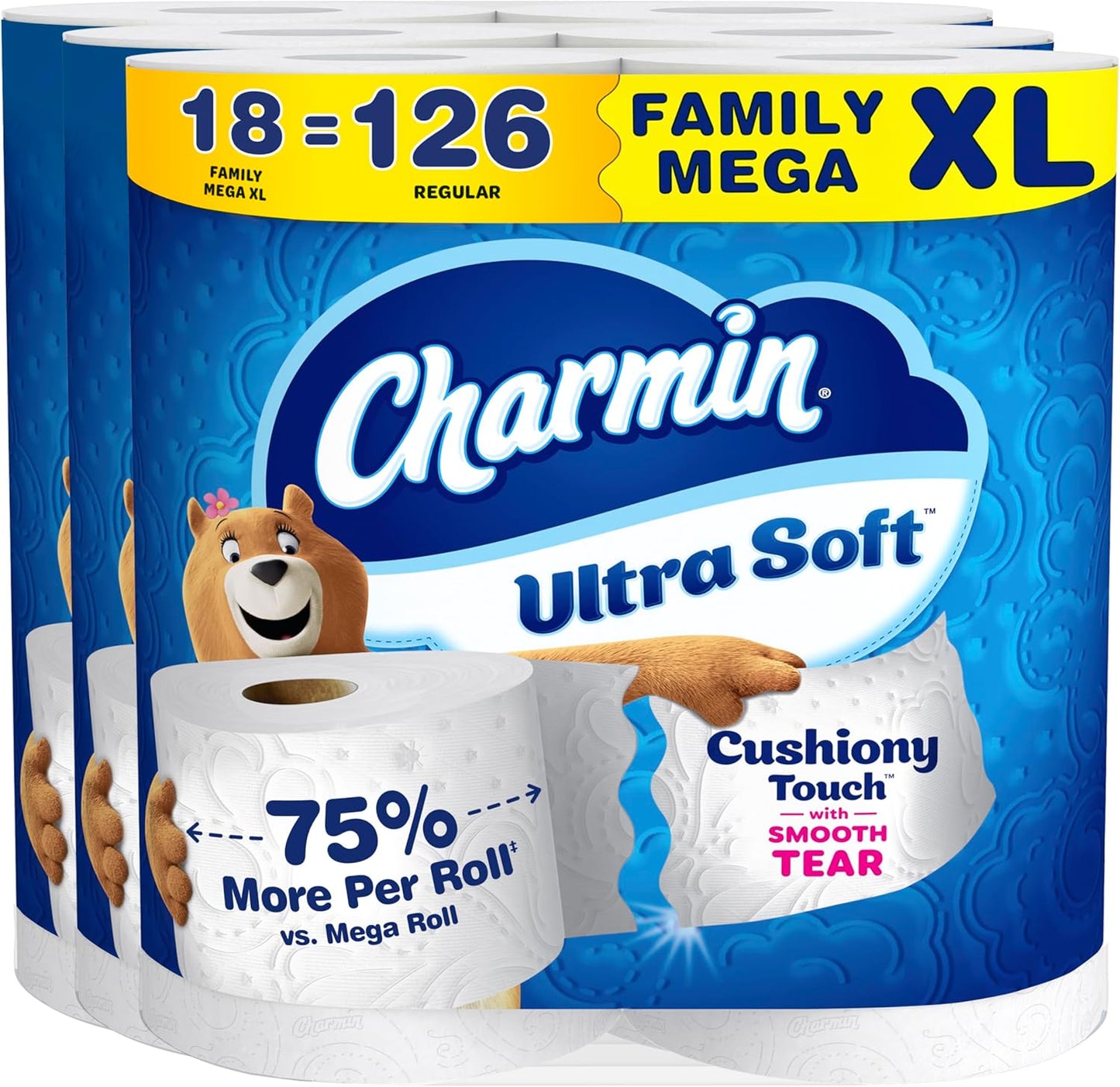 Charmin Ultra Soft Cushiony Touch Toilet Paper, 24 Family Mega = 123 Regular Rolls, White