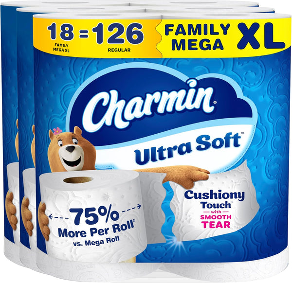 Charmin Ultra Soft Cushiony Touch Toilet Paper, 24 Family Mega = 123 Regular Rolls, White