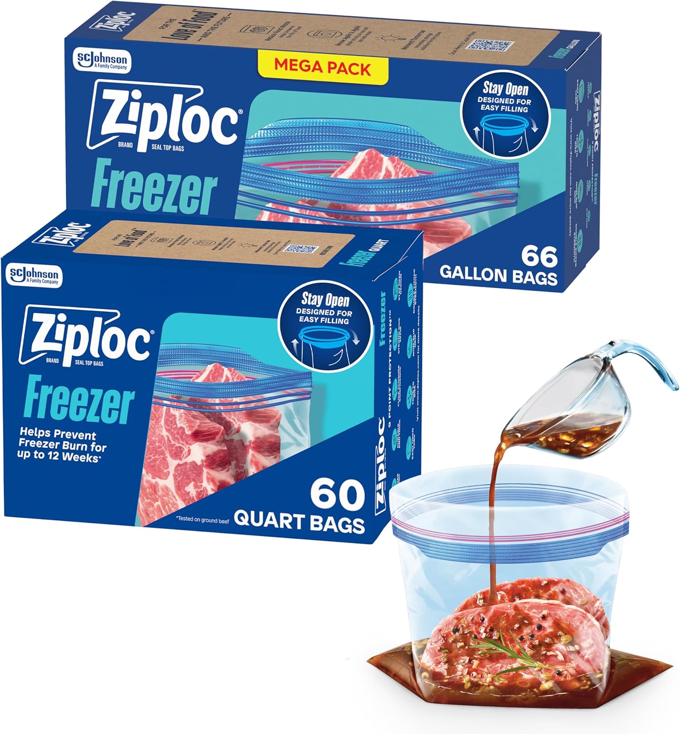 Ziploc Gallon Food Storage Freezer Bags, Stay Open Design, Easy to Fill, 66 Count