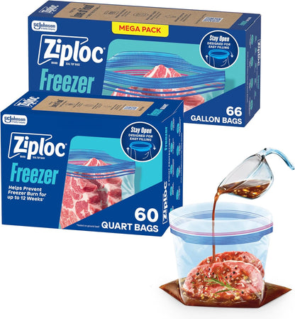 Ziploc Gallon Food Storage Freezer Bags, Stay Open Design, Easy to Fill, 66 Count
