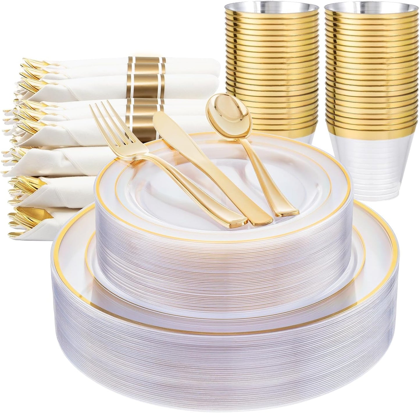 WELLIFE 350-Piece Gold Disposable Plates and Cutlery Set - Premium 10.25" Dinner Plates, 7.5" Dessert Plates, 9oz Cups & Cutlery for Weddings, Catering Events - 50 Guest Service - Elegant & Sturdy