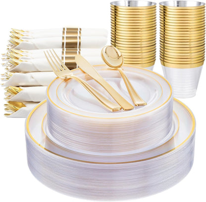 WELLIFE 350-Piece Gold Disposable Plates and Cutlery Set - Premium 10.25" Dinner Plates, 7.5" Dessert Plates, 9oz Cups & Cutlery for Weddings, Catering Events - 50 Guest Service - Elegant & Sturdy
