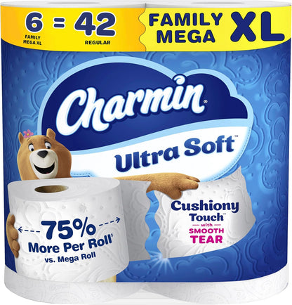 Charmin Ultra Soft Cushiony Touch Toilet Paper, 18 Family Mega XL = 126 Regular Rolls, 2-Ply, White