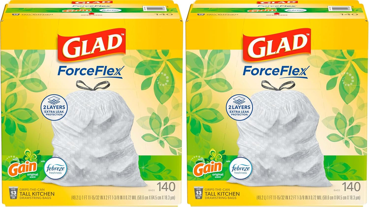 Glad ForceFlex Tall Kitchen Trash Bags, 13 Gallon, Gain Original, 140 Count (Package May Vary)
