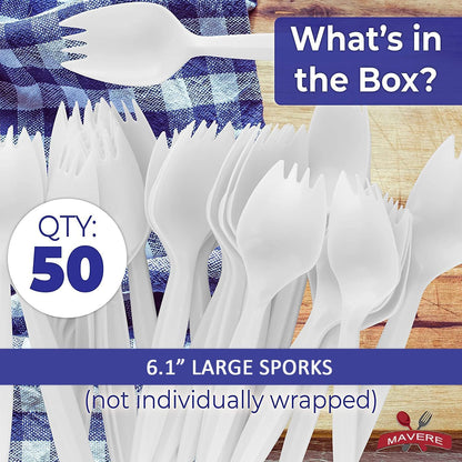 6” Large Size Reusable Sporks, Plastarch Material (PSM) Utensils, Spoon Fork 2-in-1 Spork for School Lunch, Picnics, Parties, Forky Making by Mavere, 50Pcs/Box