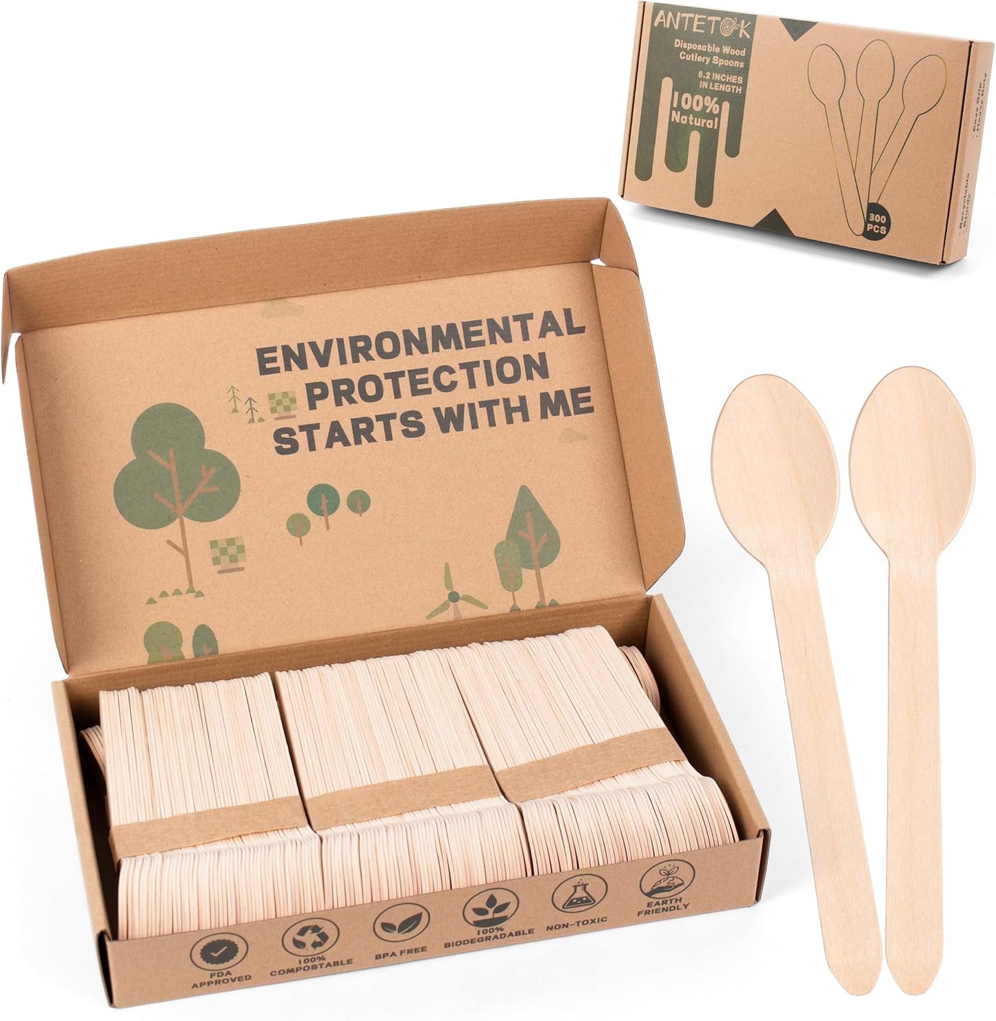 ANTETOK Disposable Wooden Cutlery Spoons - 100 Pack Wooden Spoons Disposable,Biodegradable and Earth Friendly, 6.3 Inch Length