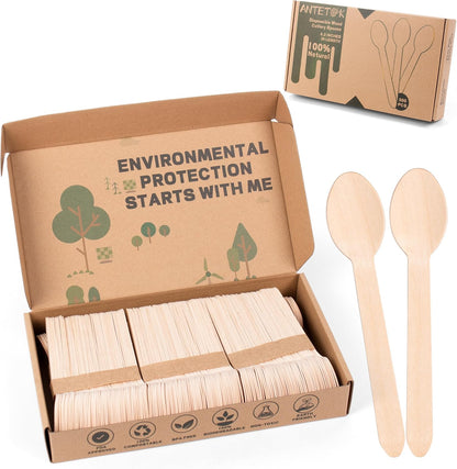 ANTETOK Disposable Wooden Cutlery Spoons - 100 Pack Wooden Spoons Disposable,Biodegradable and Earth Friendly, 6.3 Inch Length
