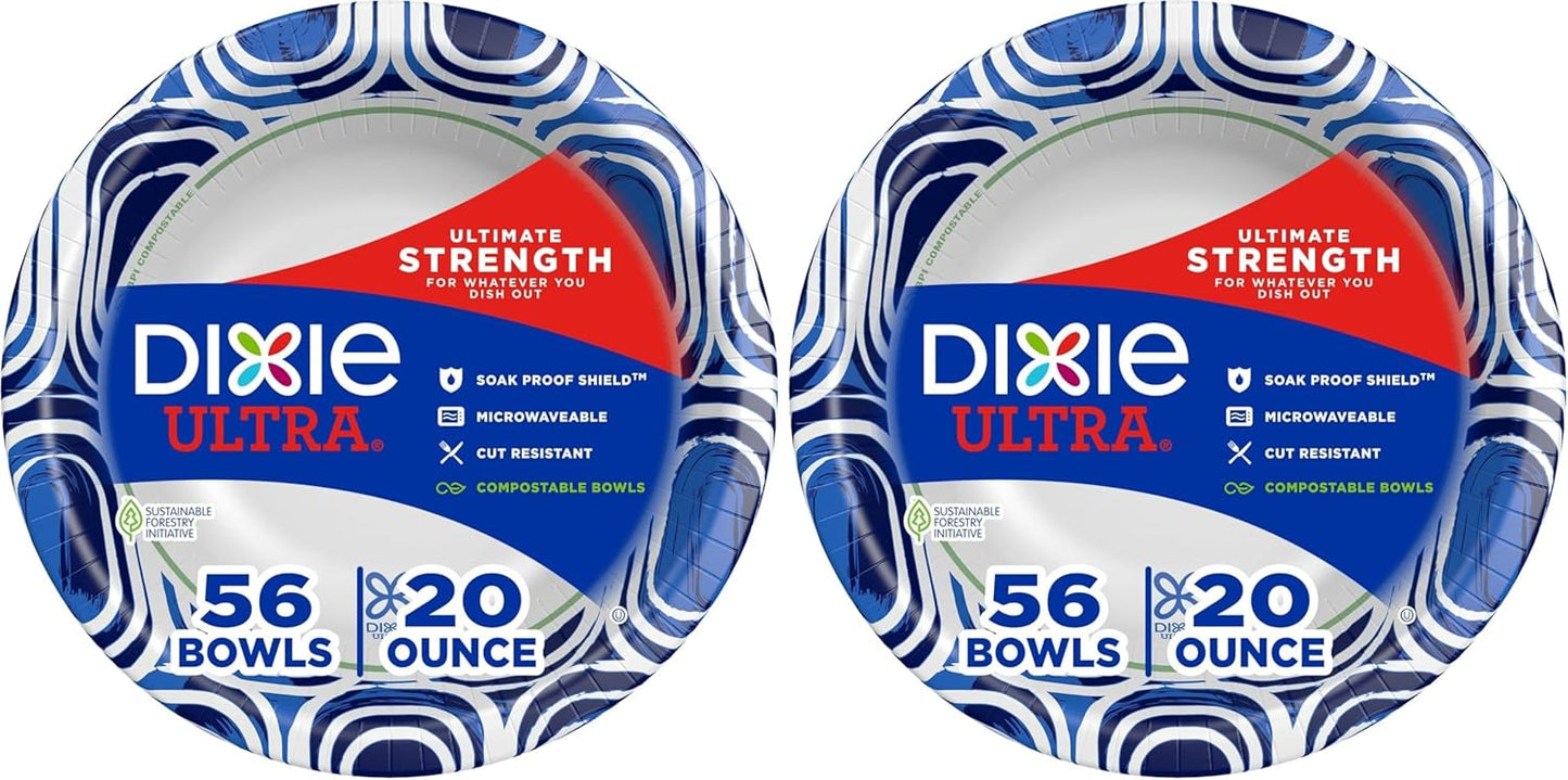 Dixie Ultra, Large Paper Bowls, 20 Oz, 56 Count, Microwave Safe, Compostable, Disposable Bowls Great For Breakfast, Lunch, And Dinner Meals