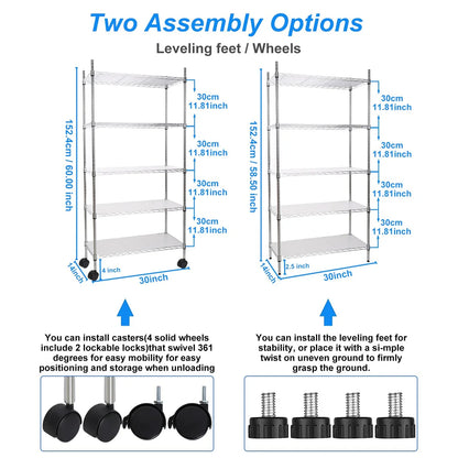 5 Tier Wire Shelving Unit, Heavy Duty Metal Large Storage Shelves Height Adjustable for Garage Kitchen Office