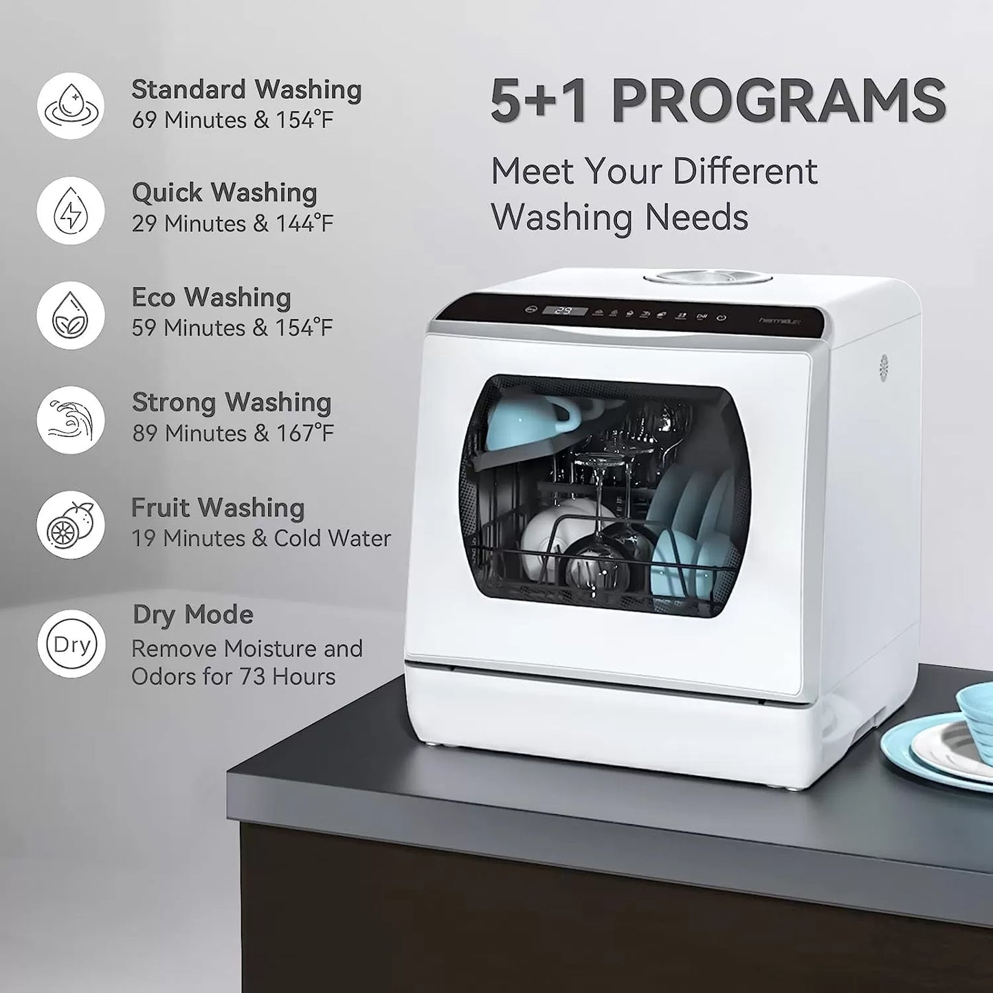 Hermitlux Countertop Dishwasher, 5 Washing Programs Portable Dishwasher With 5-Liter Built-in Water Tank, No Hookup Needed