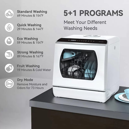 Hermitlux Countertop Dishwasher, 5 Washing Programs Portable Dishwasher With 5-Liter Built-in Water Tank, No Hookup Needed