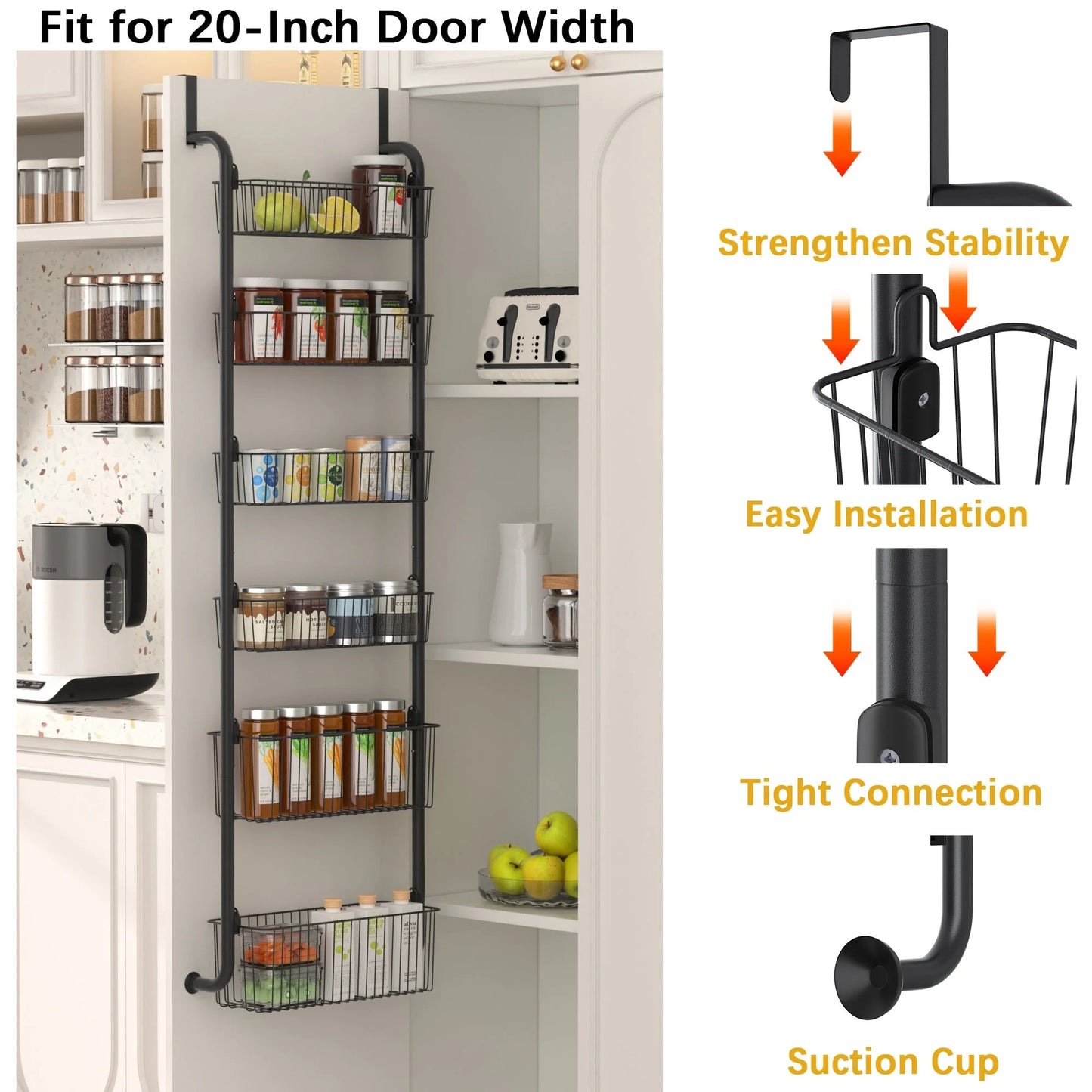 6-Tier Over the Door Pantry Organizer, Metal Pantry Organization and Storage with 6 Baskets, Heavy-Duty Back of Door Spice Rack