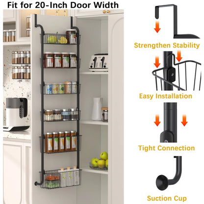 6-Tier Over the Door Pantry Organizer, Metal Pantry Organization and Storage with 6 Baskets, Heavy-Duty Back of Door Spice Rack