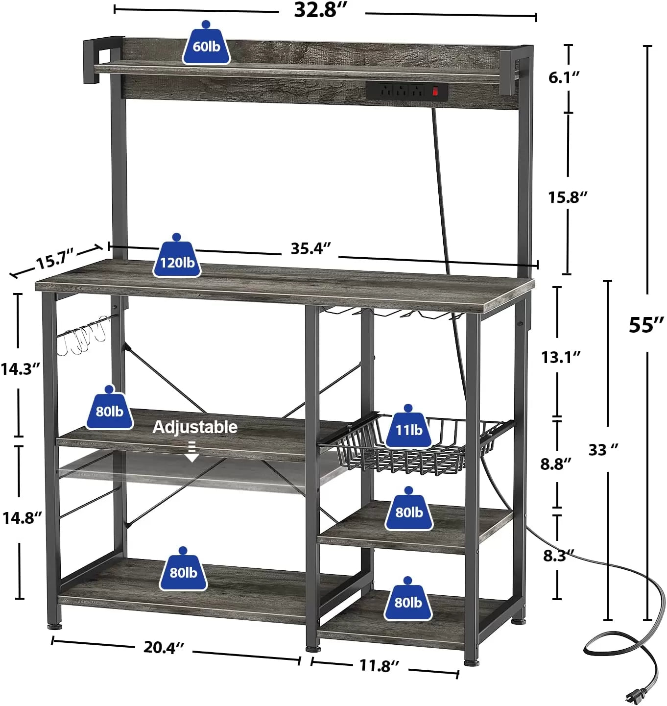 Bakers Rack with Power Outlet, Microwave Stand, Kitchen Storage Shelf with Wire Basket, Coffee Bar Station with Wine Glass Holder, 35.4" Kitchen Rack for Spices, Pots, and Pans