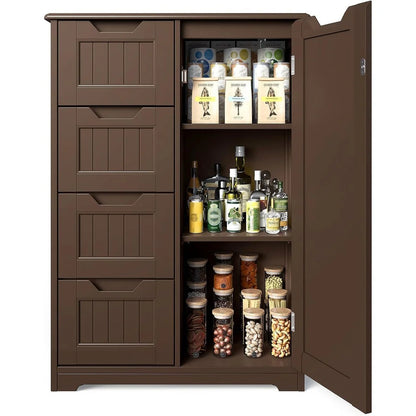 Bathroom Floor Storage Cabinet, Free-Standing Floor Storage Cabinet with 4 Draws and Adjustable Shelf