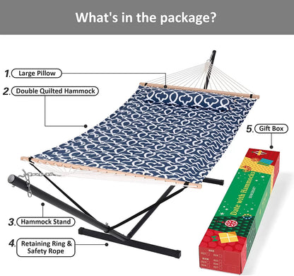 55 Inch Extra Large Double Hammock with Stand, 475lbs Capacity, Outdoor Portable Hammock with Hardwood Spreader Bar, Extra Large Pillow