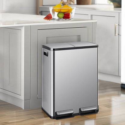 Large 60 Liter Stainless Steel Trash Can, Dual Compartment Plastic Inner Bucket (2 x 8 Gallon)