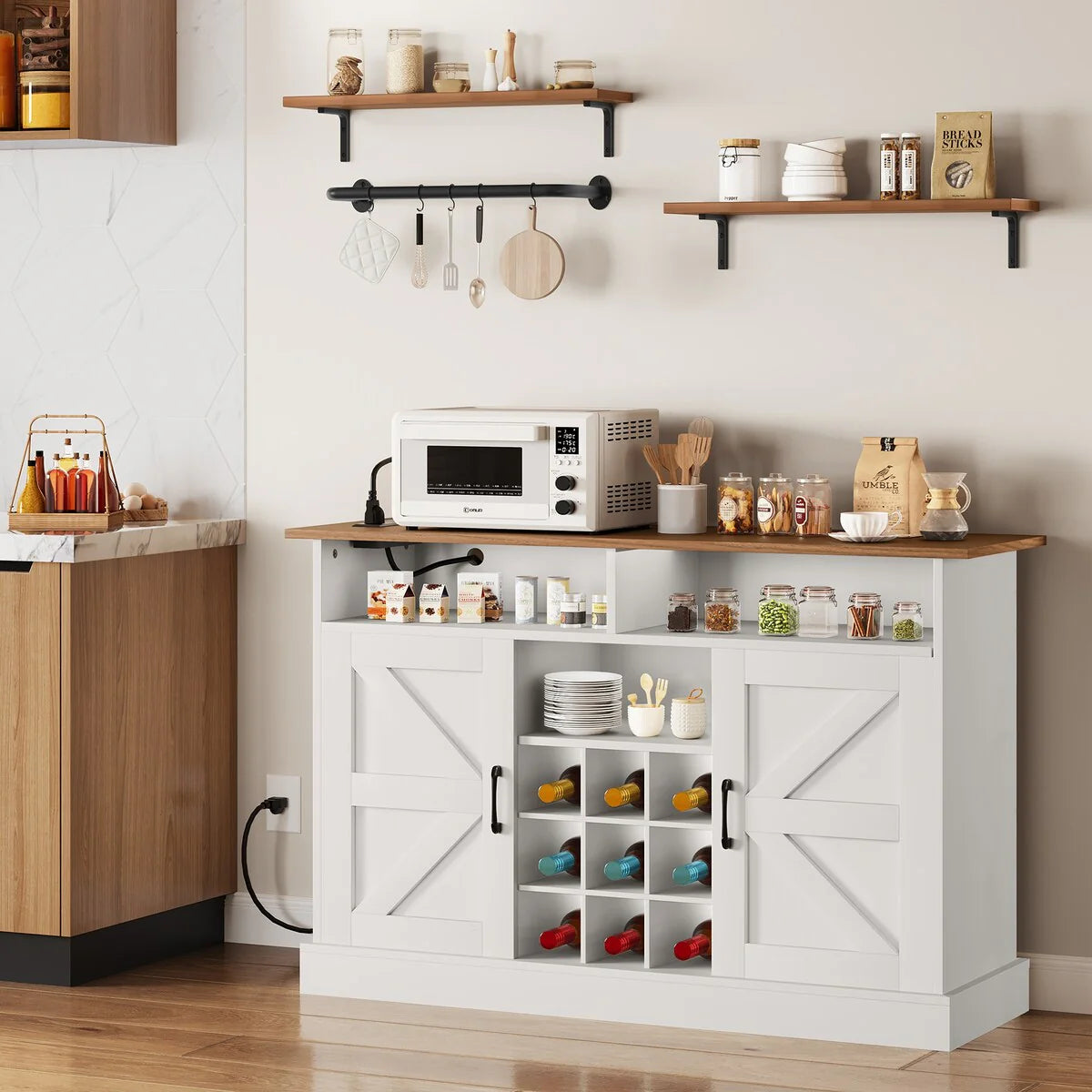 52"Farmhouse Coffee Bar Cabinet with Floating Shelf - 15.75"D x 52"W x 34"H