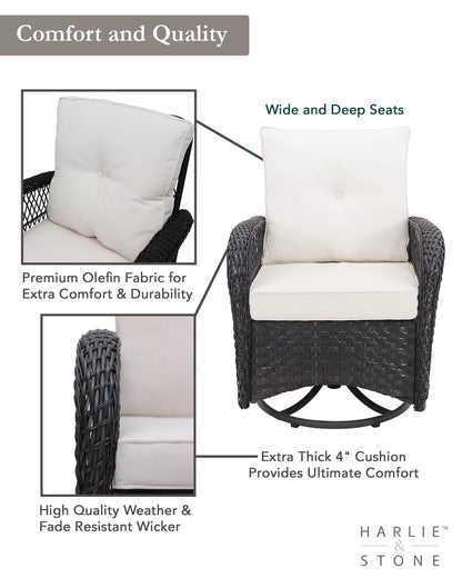 Outdoor Swivel Rocker Patio Chairs Set of 2 and Matching Side Table - 3 Piece Wicker Patio Bistro Set with Premium Fabric Cushions Outdoor Furniture (Dark Wicker Chair Beige Cushion)