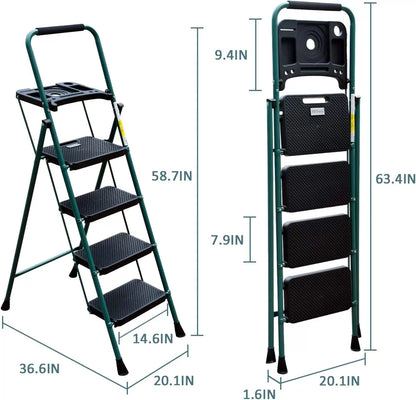 4 Step Ladder, HBTower Folding Step Stool with Tool Platform, Wide Anti-Slip Pedal, Sturdy Steel Ladder, Convenient Handgrip, Lightweight 330lbs Portable Steel Step Stool, Black